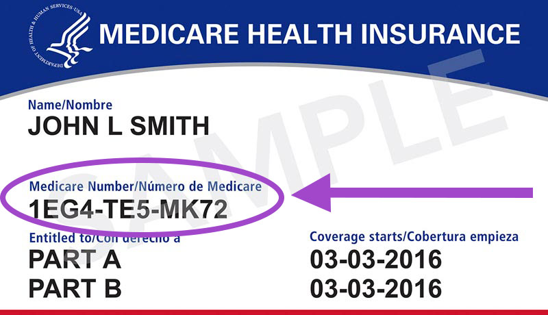 Ejemplo de tarjeta de seguro de Medicare con el identificador de beneficiario de Medicare resaltado