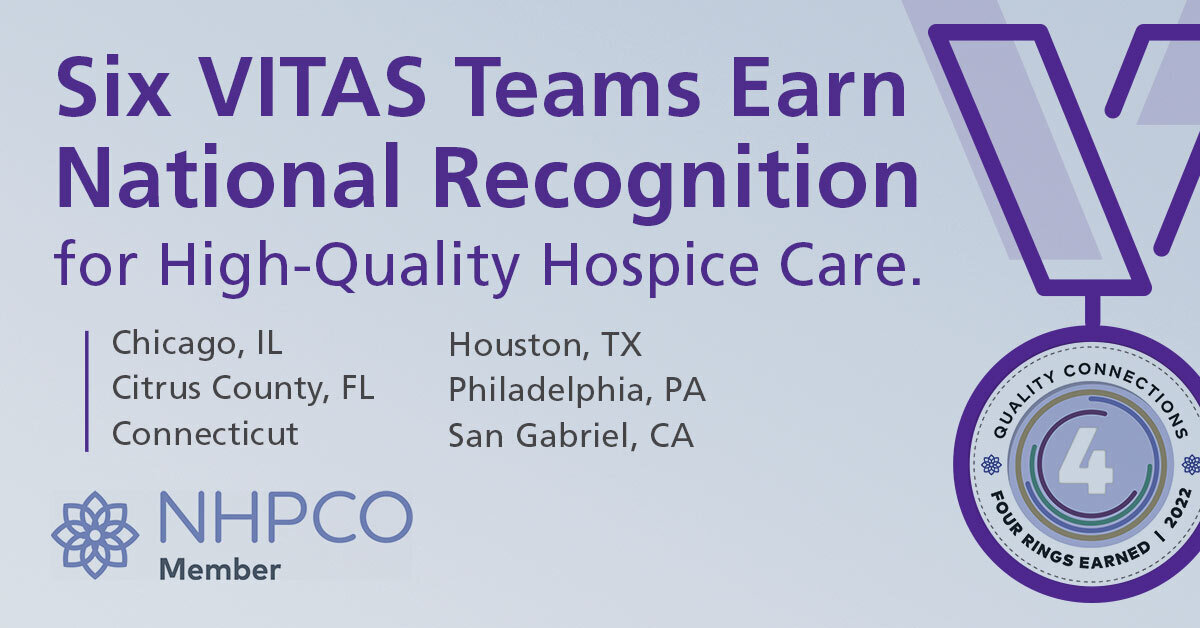 A graphic listing the six VITAS programs that have earned national recognition from the National Hospice and Palliative Care Organization: Chicago, Illinois, Citrus County, Florida, Connecticut, Houston, Texas, Philadelphia, Pennsylvania, and San Gabriel, California.