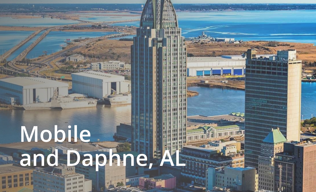 A skyline view of Mobile, clicking will navigate to the Mobile and Daphne location page